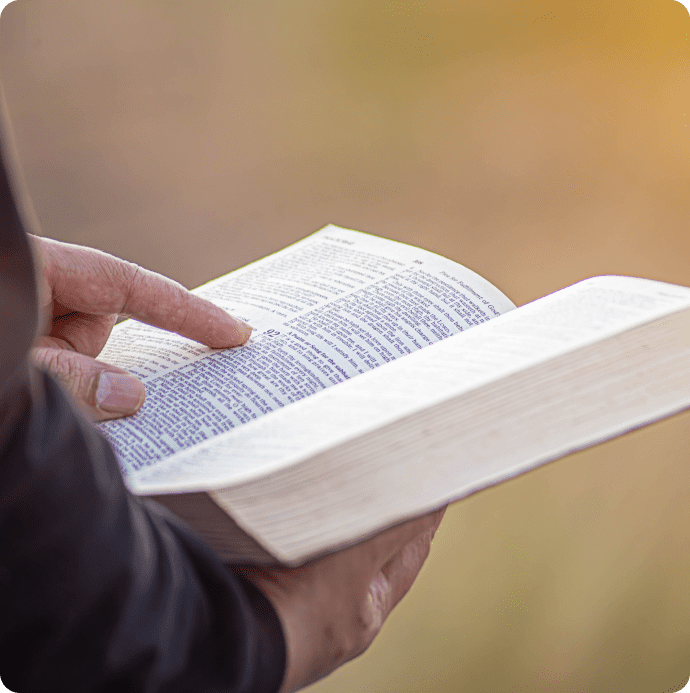 Person reading a Bible outdoors.